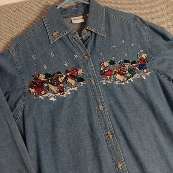 Bobbie Brooks Vintage Denim Shirt Womens Size M Blue X-Mas Bears Embroidered - Picture 5 of 15